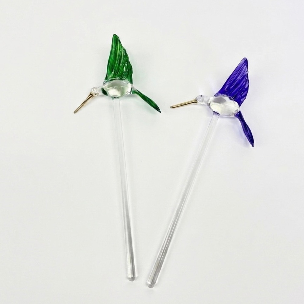 VINTAGE MCM Artisan Hand Blown Glass Hummingbird Barware Swizzle Stick 2 Murano
